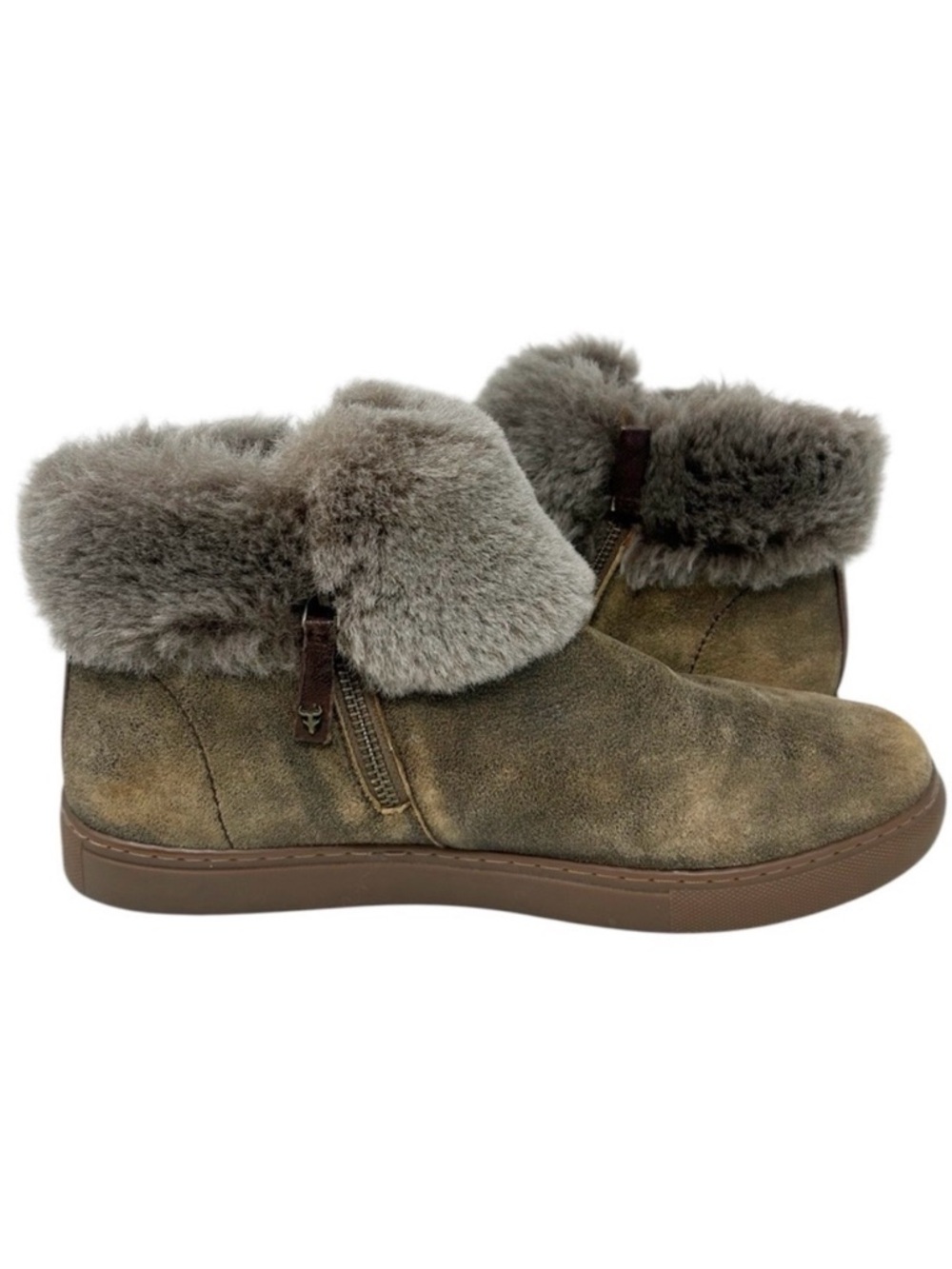 H.S. Trask Lexi booties distressed olive suede with a real shearling